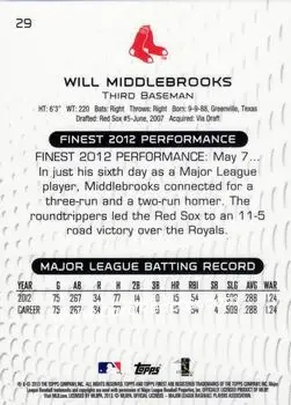 2013 Finest #29 - Will Middlebrooks - Boston Red Sox - Back 2013 Finest #29 - Will Middlebrooks - Boston Red Sox - Back
