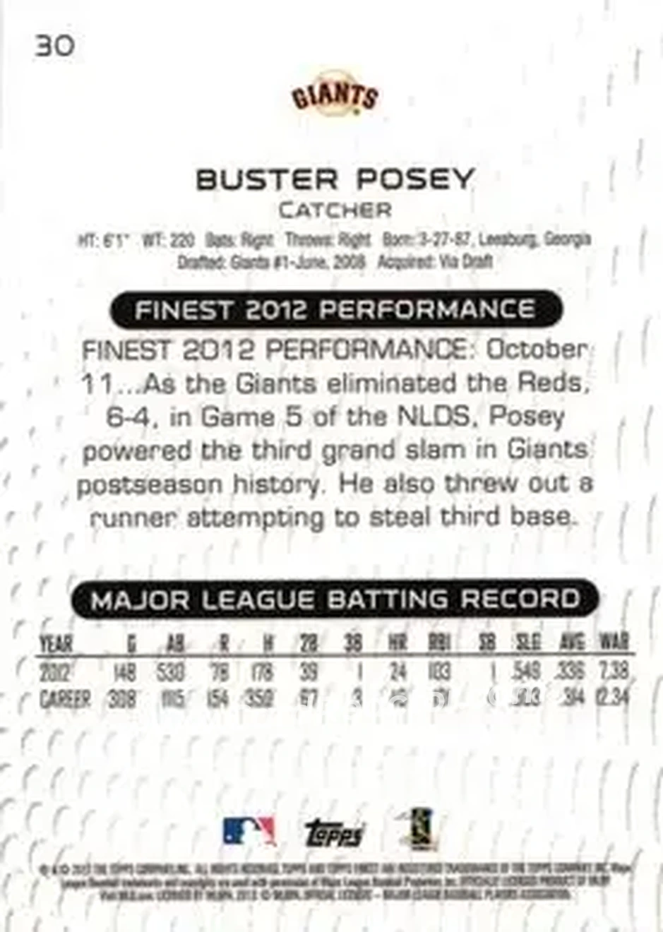 2013 Finest #30 - Buster Posey - San Francisco Giants - Back