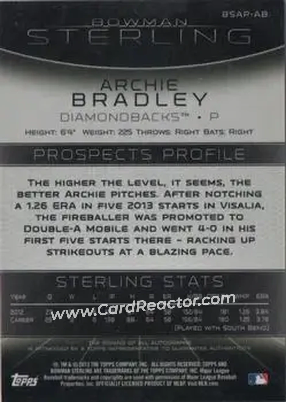 2013 Bowman Sterling - Prospect Autographs #BSAP-AB - Archie Bradley - Arizona Diamondbacks - Back