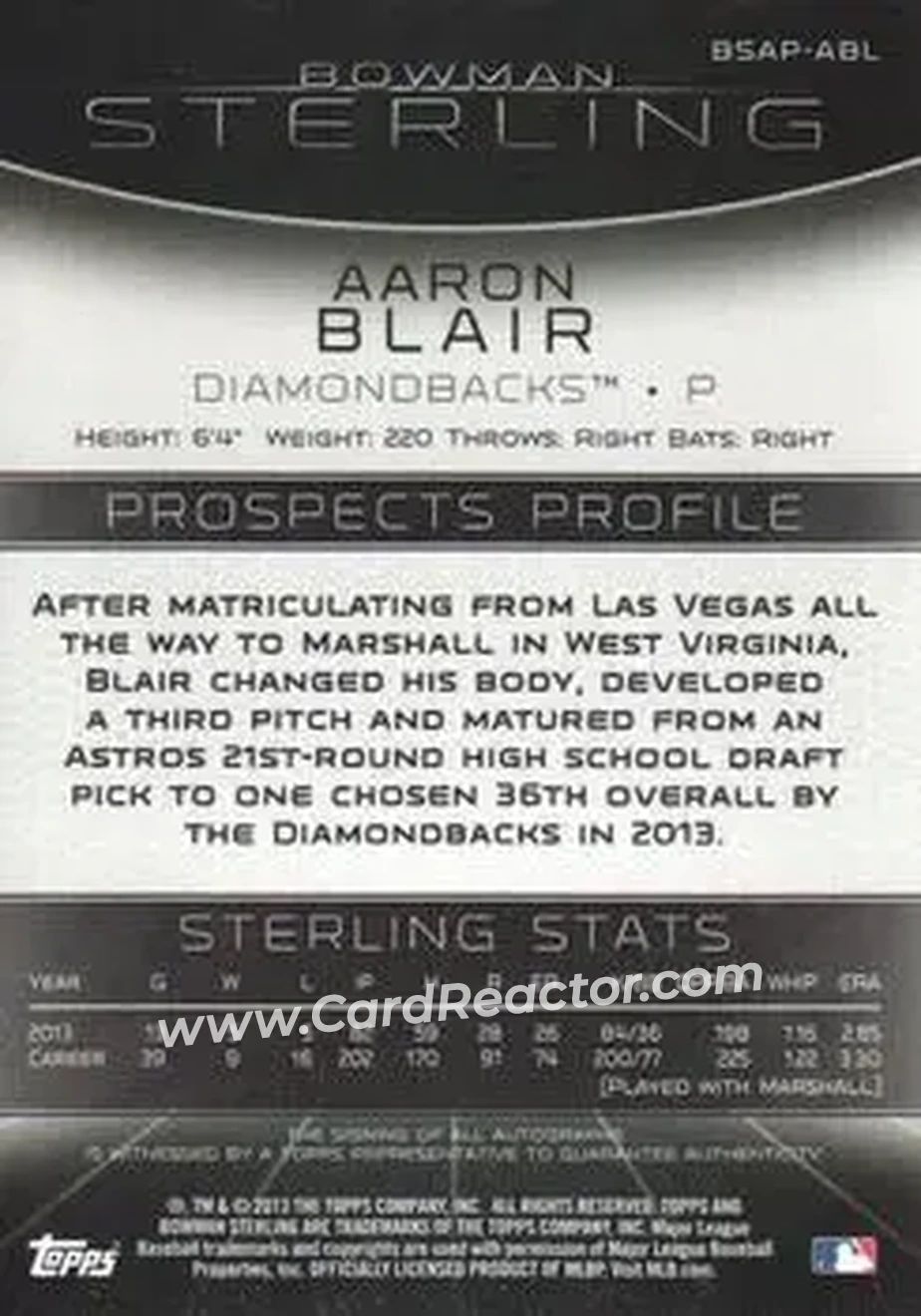 2013 Bowman Sterling - Prospect Autographs #BSAP-ABL - Aaron Blair - Arizona Diamondbacks - Back