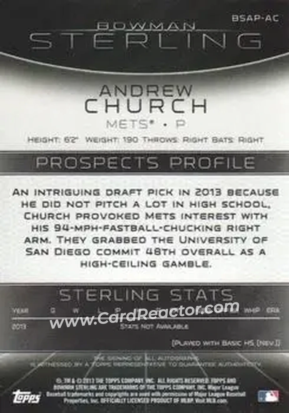 2013 Bowman Sterling - Prospect Autographs #BSAP-AC - Andrew Church - New York Mets - Back