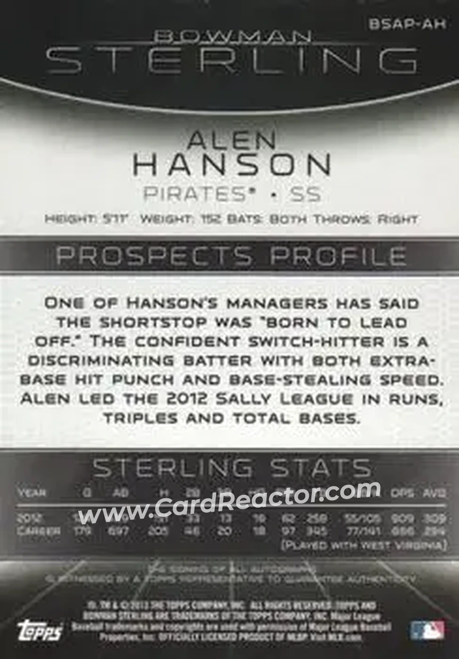 2013 Bowman Sterling - Prospect Autographs #BSAP-AH - Alen Hanson - Pittsburgh Pirates - Back