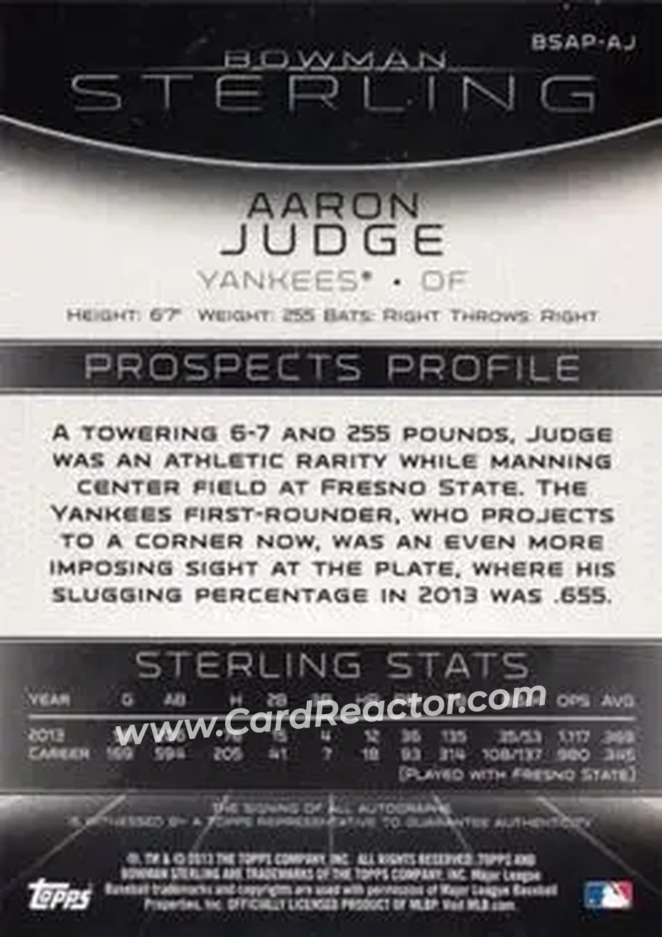 2013 Bowman Sterling - Prospect Autographs #BSAP-AJ - Aaron Judge - New York Yankees - Back