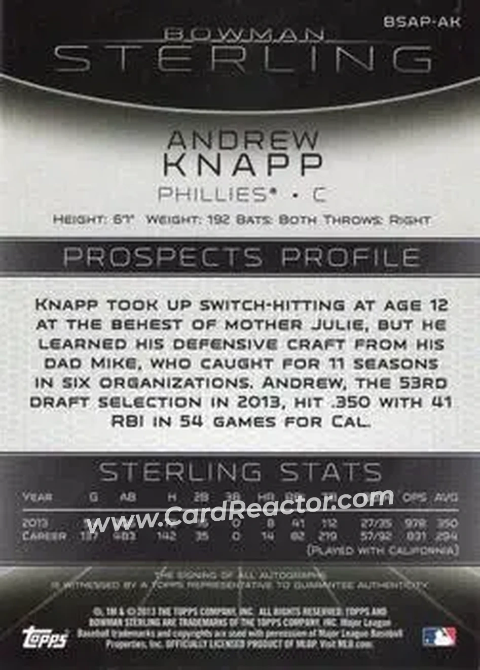 2013 Bowman Sterling - Prospect Autographs #BSAP-AK - Andrew Knapp - Philadelphia Phillies - Back 2013 Bowman Sterling - Prospect Autographs #BSAP-AK - Andrew Knapp - Philadelphia Phillies - Back