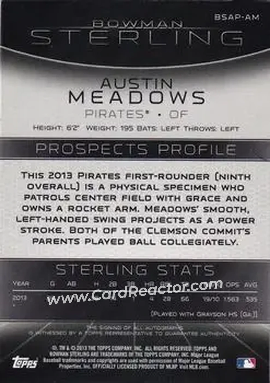 2013 Bowman Sterling - Prospect Autographs #BSAP-AM - Austin Meadows - Pittsburgh Pirates - Back
