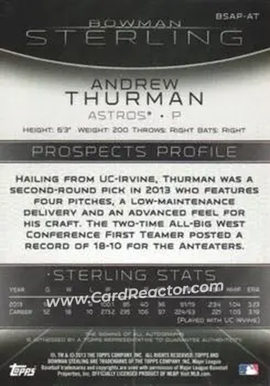 2013 Bowman Sterling - Prospect Autographs #BSAP-AT - Andrew Thurman - Houston Astros - Back