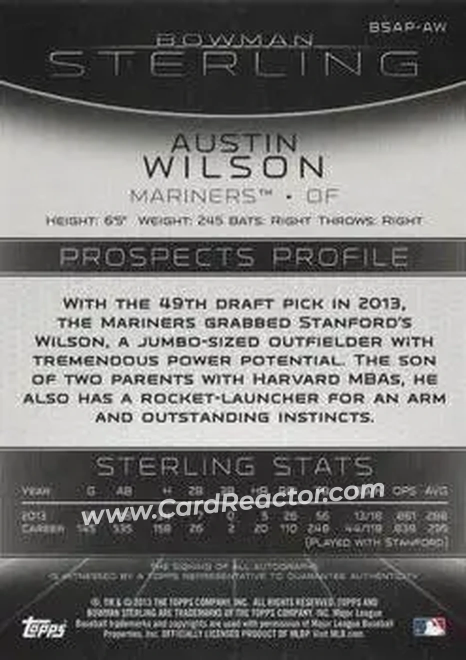 2013 Bowman Sterling - Prospect Autographs #BSAP-AW - Austin Wilson - Seattle Mariners - Back