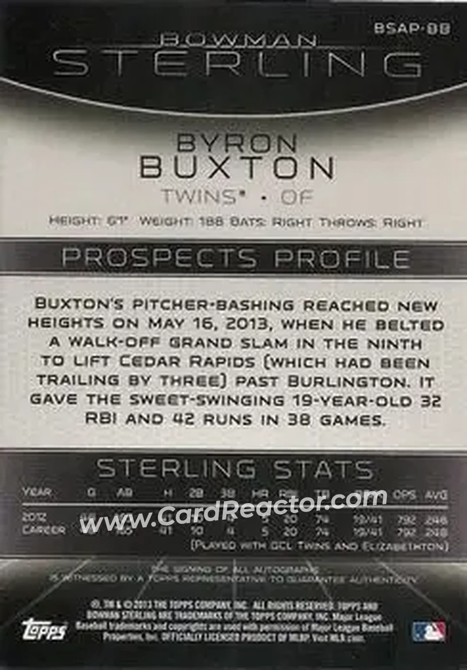 2013 Bowman Sterling - Prospect Autographs #BSAP-BB - Byron Buxton - Minnesota Twins - Back