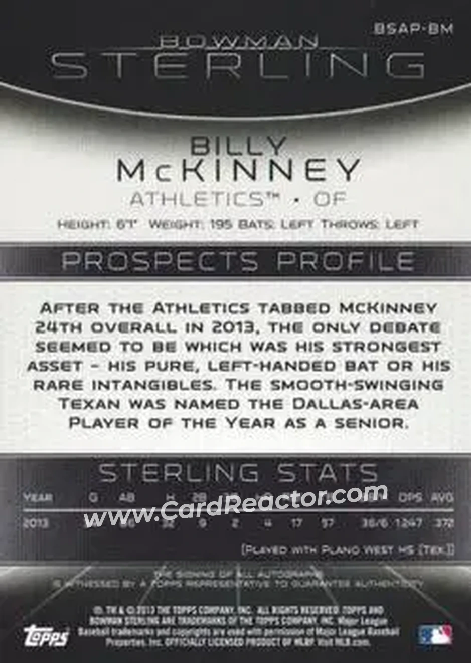 2013 Bowman Sterling - Prospect Autographs #BSAP-BM - Billy McKinney - Oakland Athletics - Back
