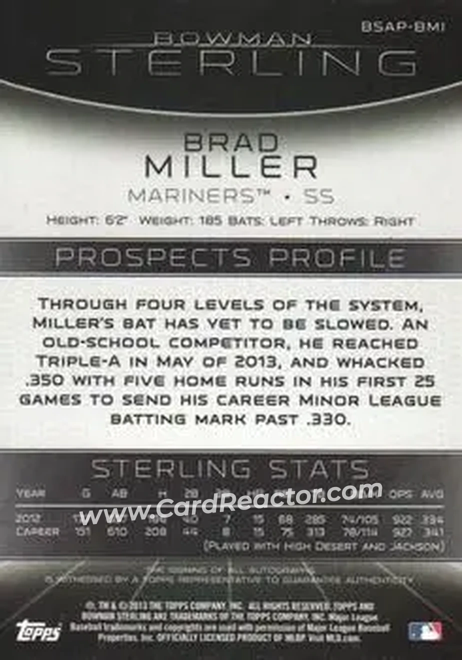 2013 Bowman Sterling - Prospect Autographs #BSAP-BMI - Brad Miller - Seattle Mariners - Back