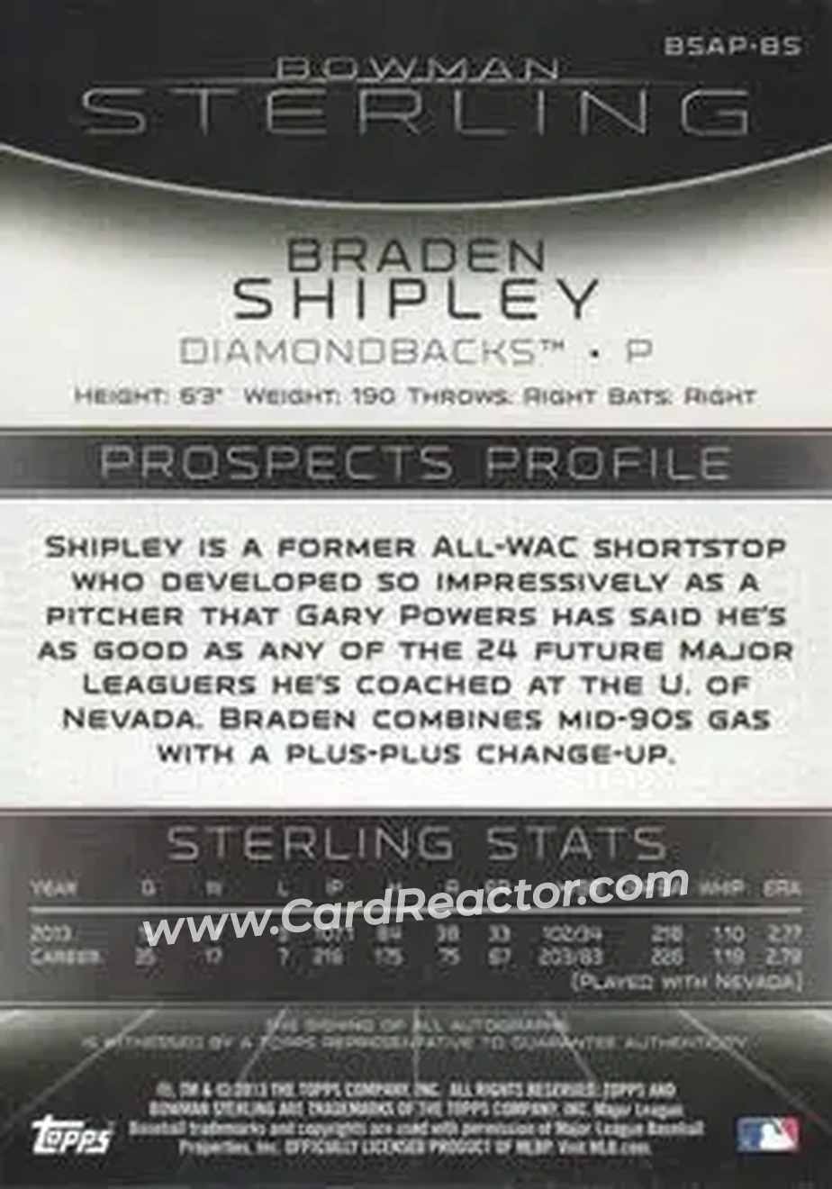 2013 Bowman Sterling - Prospect Autographs #BSAP-BS - Braden Shipley - Arizona Diamondbacks - Back 2013 Bowman Sterling - Prospect Autographs #BSAP-BS - Braden Shipley - Arizona Diamondbacks - Back