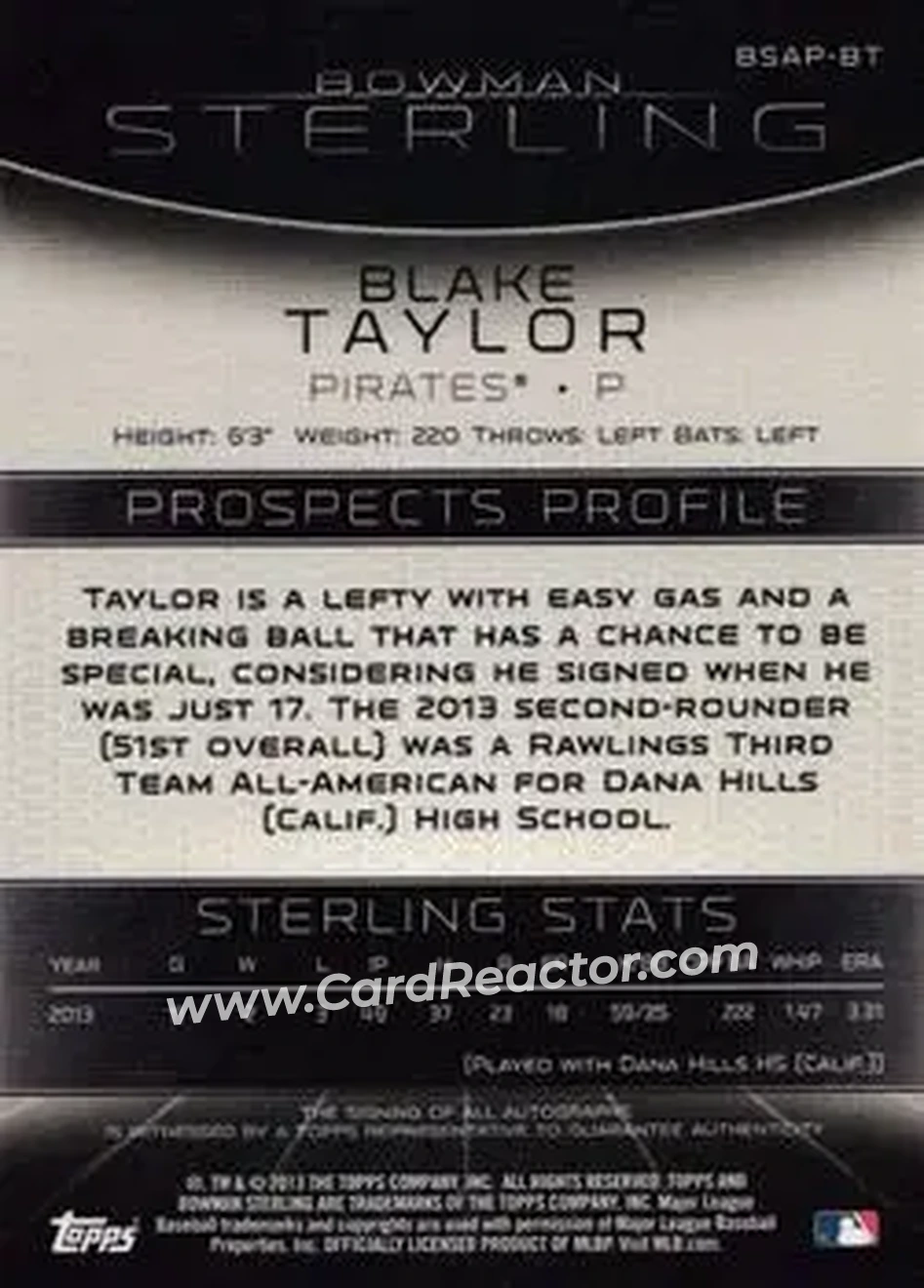 2013 Bowman Sterling - Prospect Autographs #BSAP-BT - Blake Taylor - Pittsburgh Pirates - Back