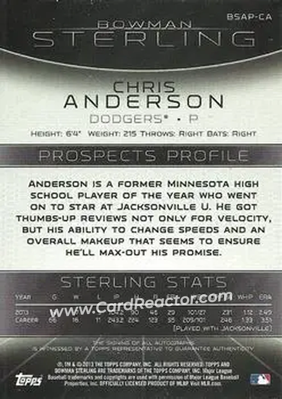 2013 Bowman Sterling - Prospect Autographs #BSAP-CA - Chris Anderson - Los Angeles Dodgers - Back 2013 Bowman Sterling - Prospect Autographs #BSAP-CA - Chris Anderson - Los Angeles Dodgers - Back