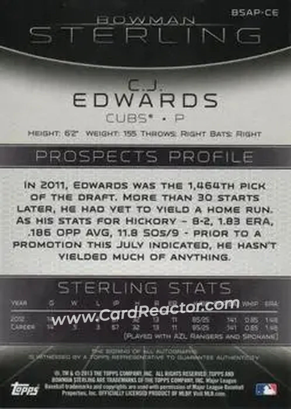 2013 Bowman Sterling - Prospect Autographs #BSAP-CE - C.J. Edwards - Chicago Cubs - Back