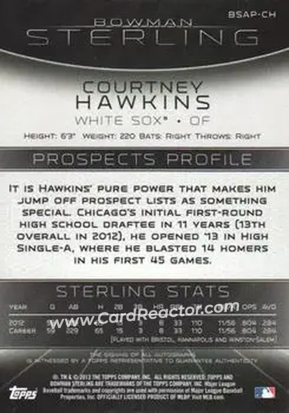 2013 Bowman Sterling - Prospect Autographs #BSAP-CH - Courtney Hawkins - Chicago White Sox - Back