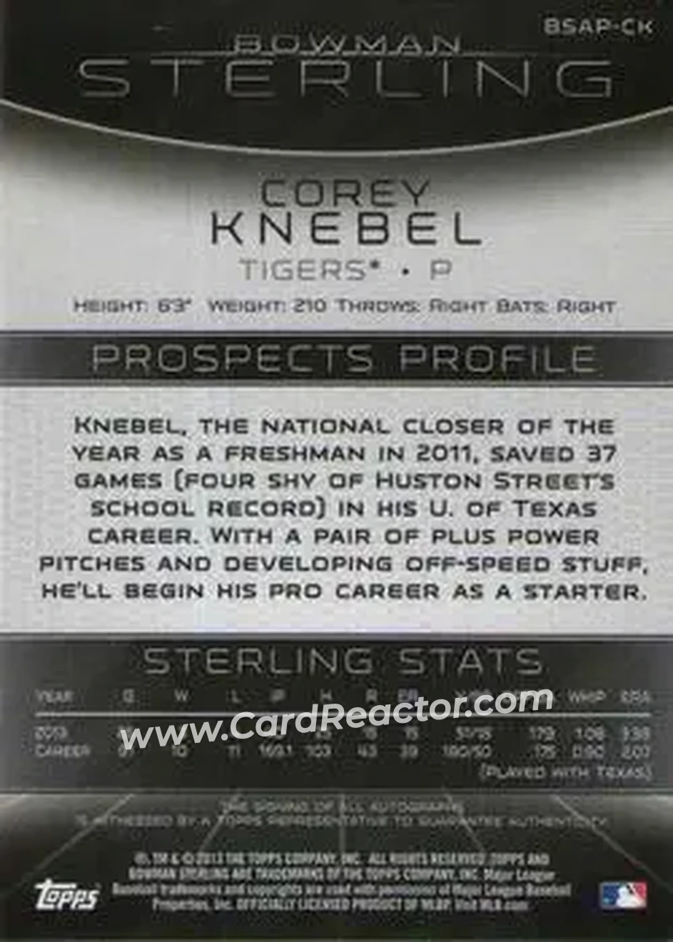 2013 Bowman Sterling - Prospect Autographs #BSAP-CK - Corey Knebel - Detroit Tigers - Back 2013 Bowman Sterling - Prospect Autographs #BSAP-CK - Corey Knebel - Detroit Tigers - Back