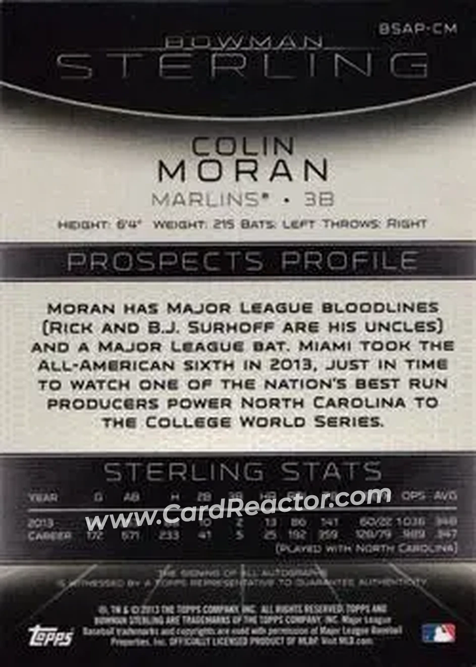 2013 Bowman Sterling - Prospect Autographs #BSAP-CM - Colin Moran - Miami Marlins - Back