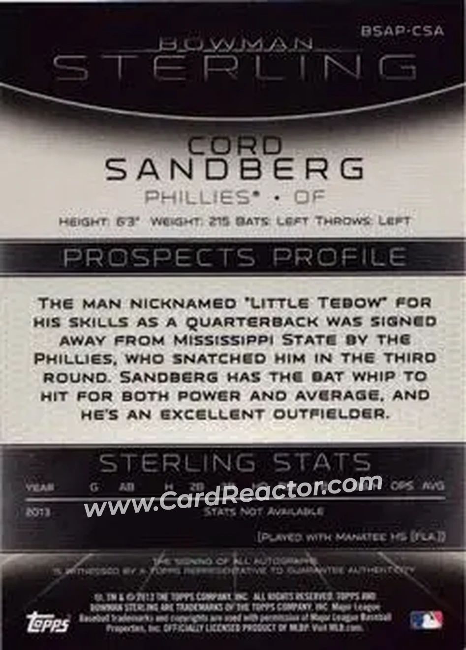 2013 Bowman Sterling - Prospect Autographs #BSAP-CSA - Cord Sandberg - Philadelphia Phillies - Back