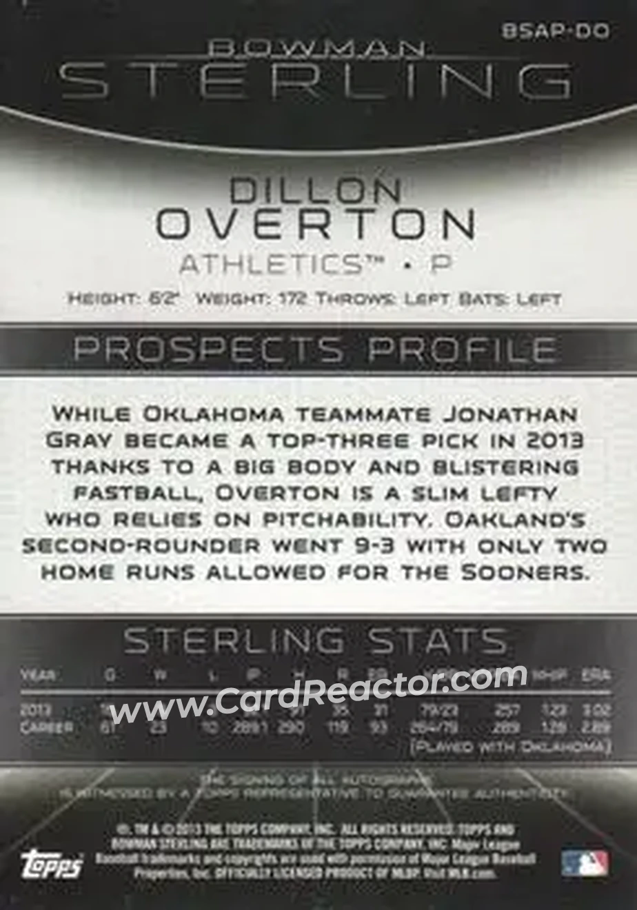 2013 Bowman Sterling - Prospect Autographs #BSAP-DO - Dillon Overton - Oakland Athletics - Back