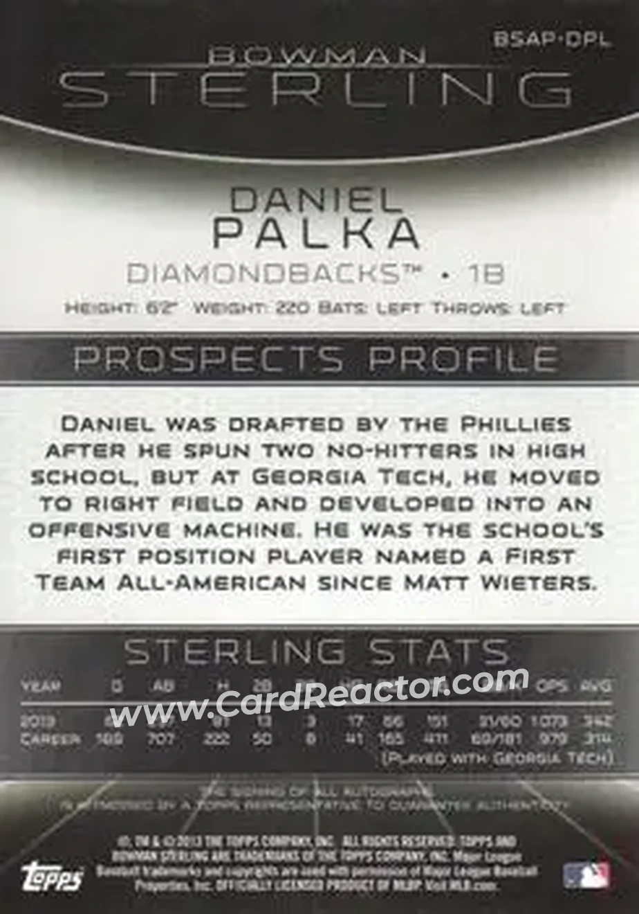 2013 Bowman Sterling - Prospect Autographs #BSAP-DPL - Daniel Palka - Arizona Diamondbacks - Back