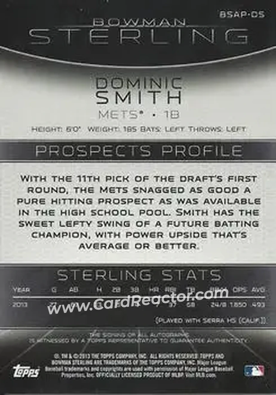 2013 Bowman Sterling - Prospect Autographs #BSAP-DS - Dominic Smith - New York Mets - Back
