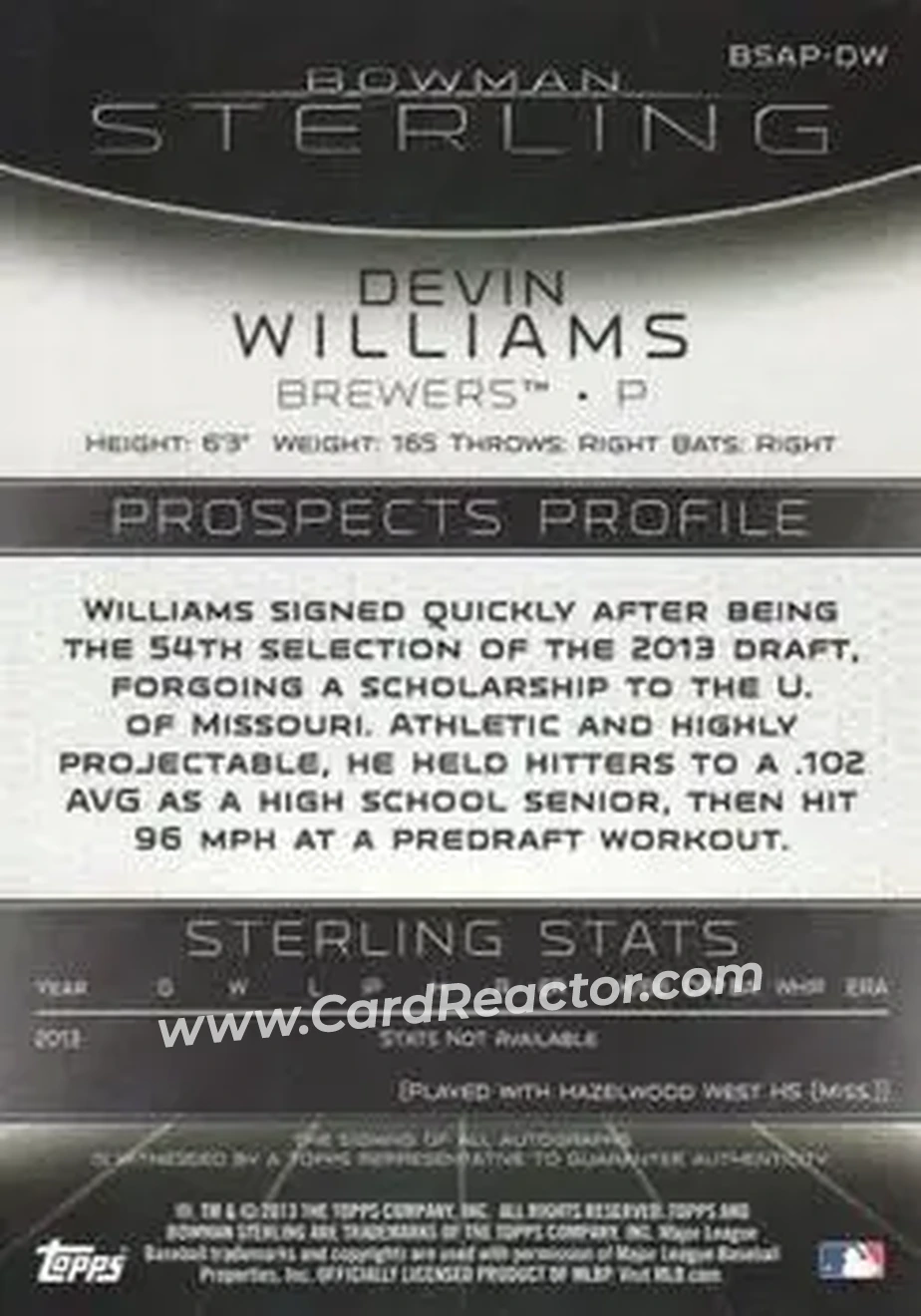 2013 Bowman Sterling - Prospect Autographs #BSAP-DW - Devin Williams - Milwaukee Brewers - Back