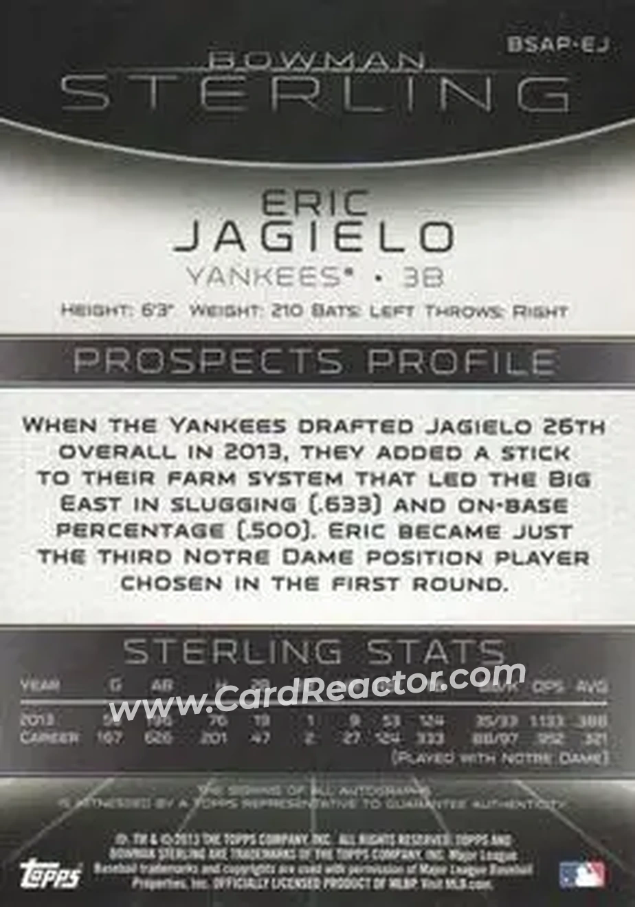 2013 Bowman Sterling - Prospect Autographs #BSAP-EJ - Eric Jagielo - New York Yankees - Back