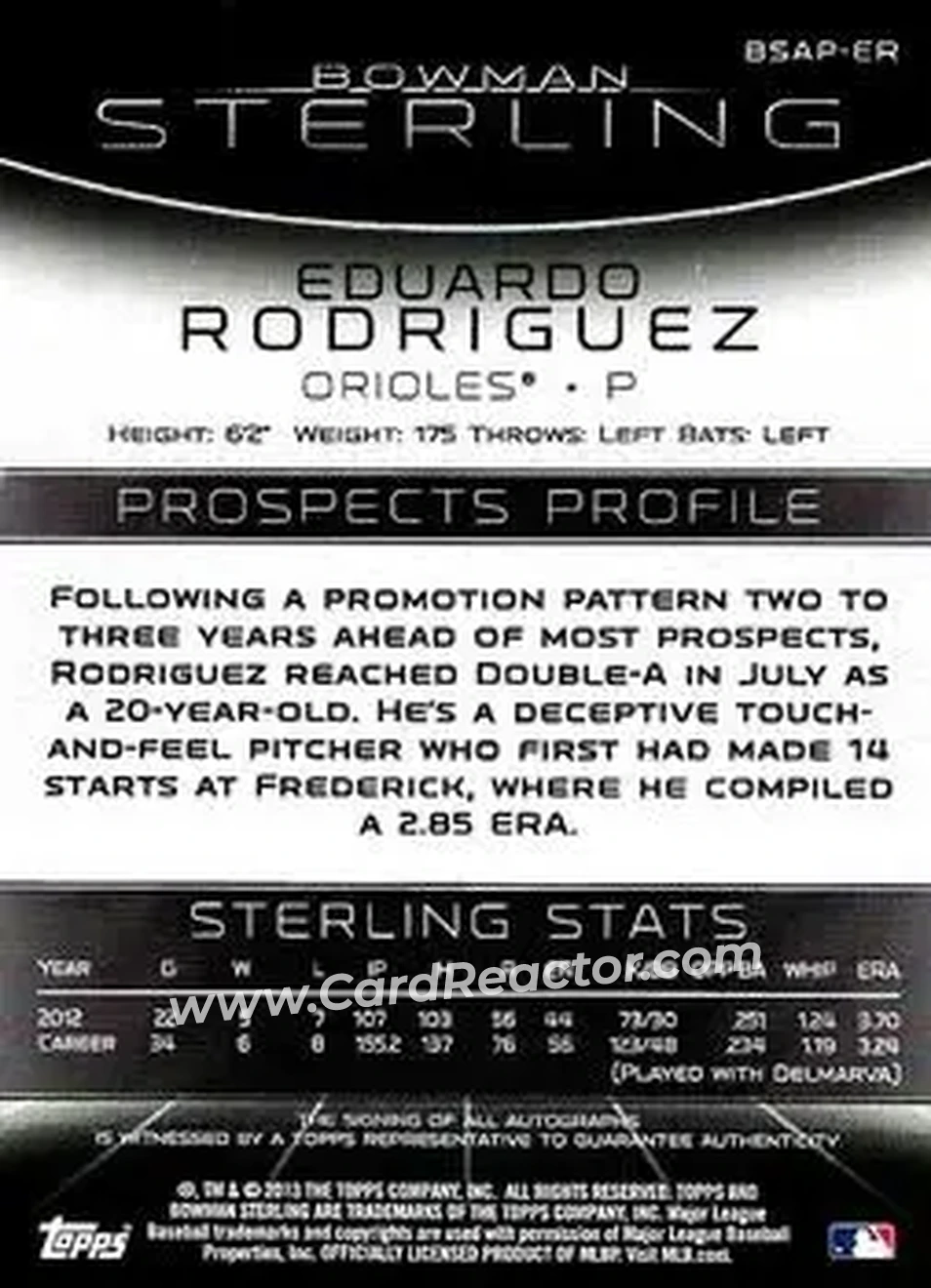 2013 Bowman Sterling - Prospect Autographs #BSAP-ER - Eduardo Rodriguez - Baltimore Orioles - Back