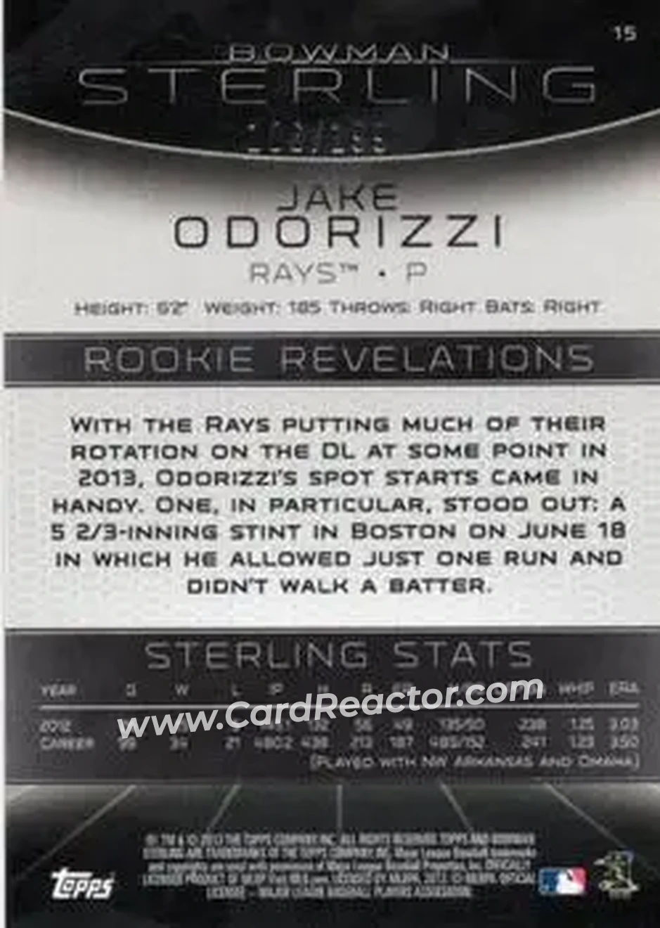2013 Bowman Sterling - Refractors #15 - Jake Odorizzi - Tampa Bay Rays - Back