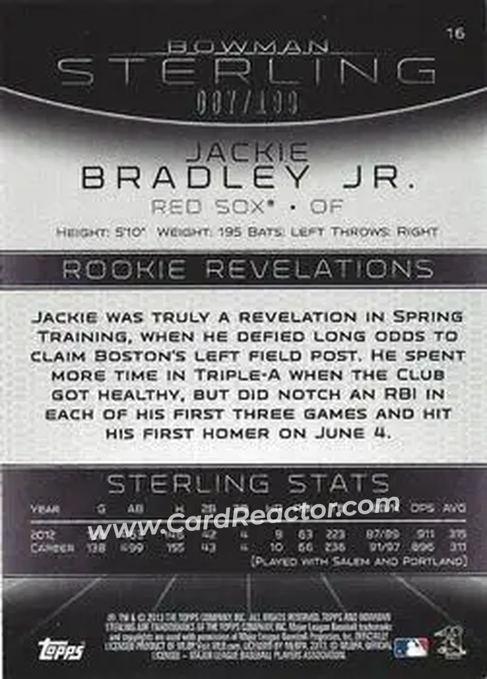 2013 Bowman Sterling - Refractors #16 - Jackie Bradley Jr. - Boston Red Sox - Back 2013 Bowman Sterling - Refractors #16 - Jackie Bradley Jr. - Boston Red Sox - Back