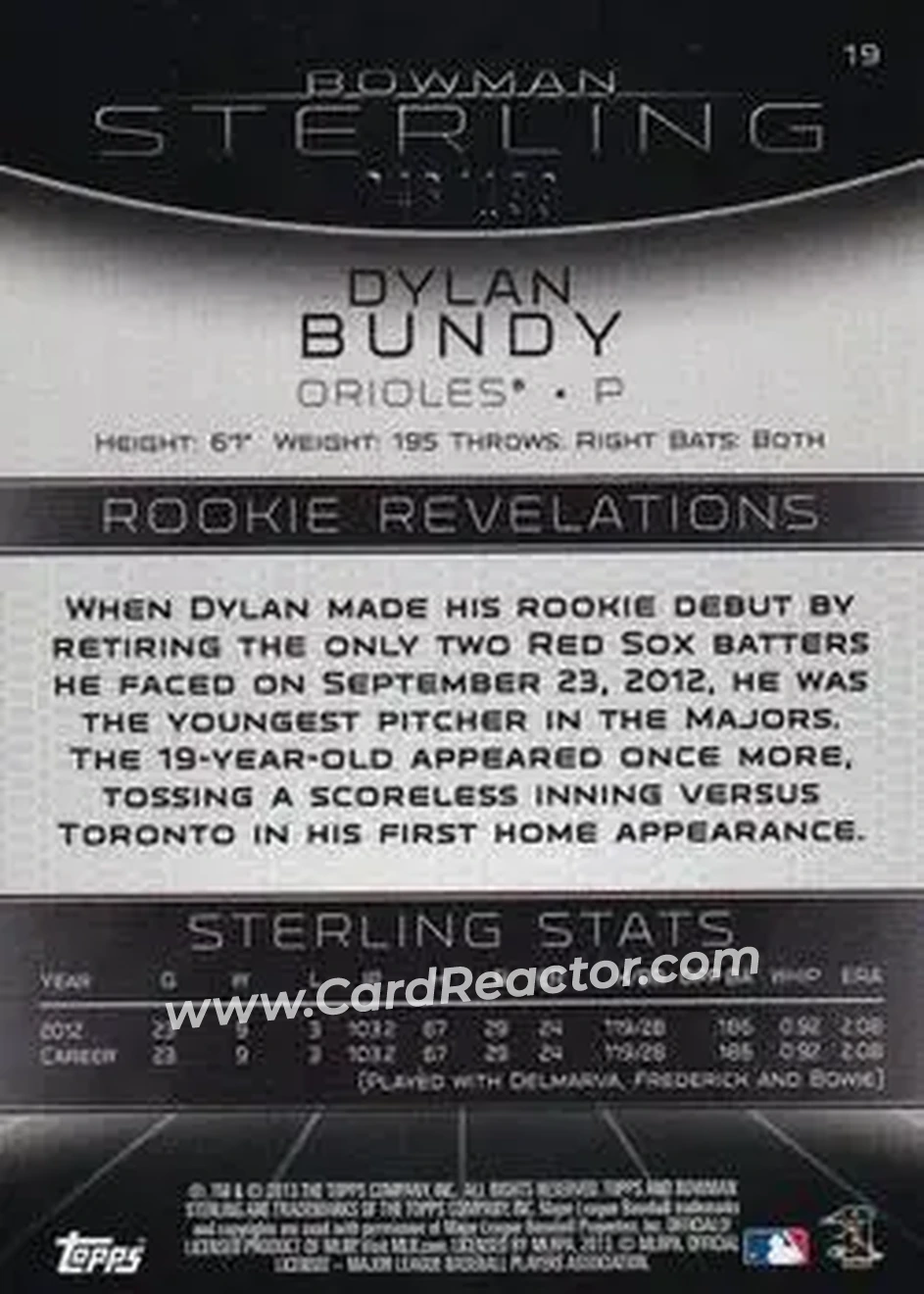 2013 Bowman Sterling - Refractors #19 - Dylan Bundy - Baltimore Orioles - Back