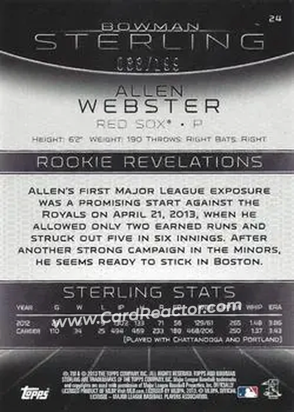 2013 Bowman Sterling - Refractors #24 - Allen Webster - Boston Red Sox - Back