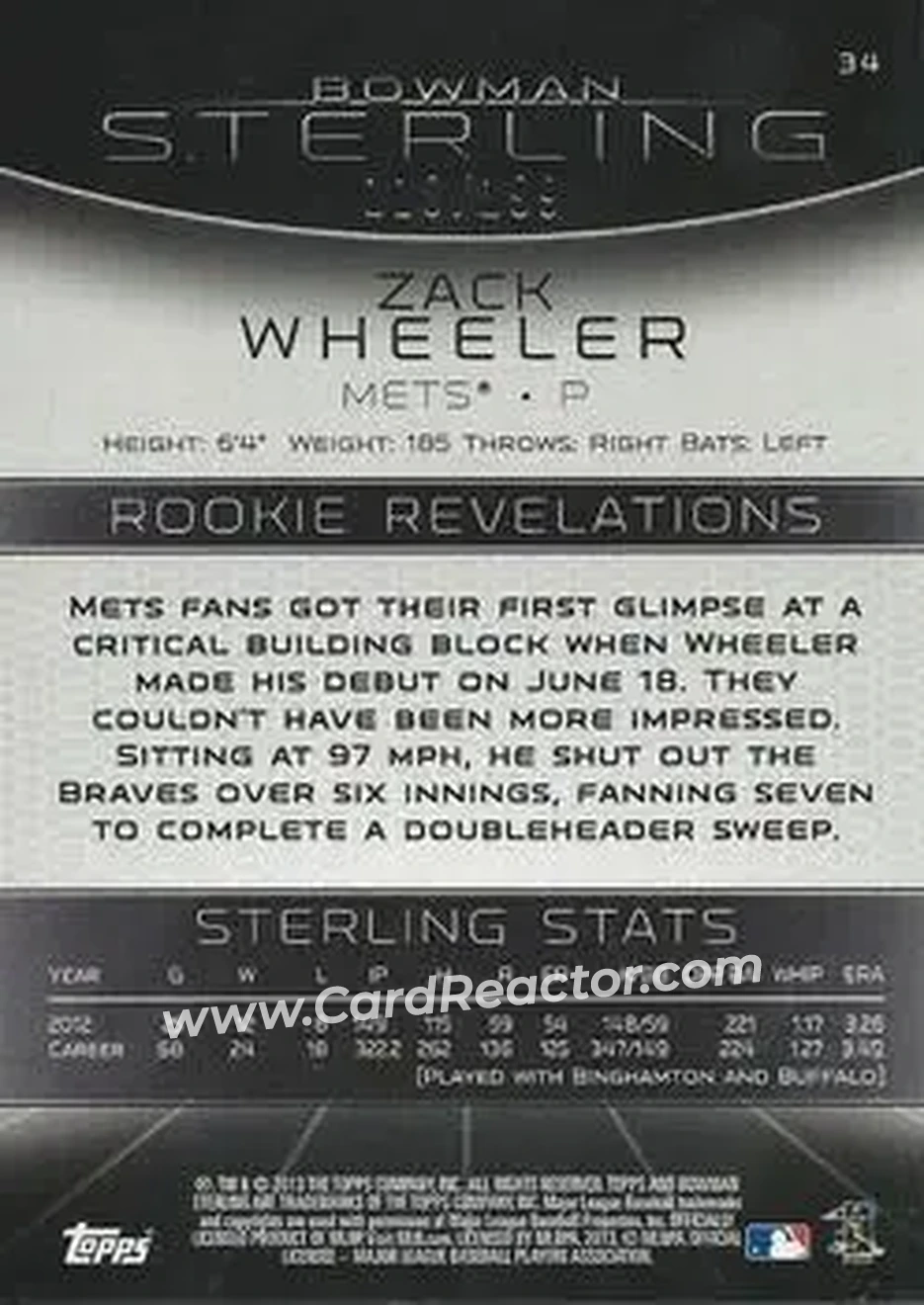 2013 Bowman Sterling - Refractors #34 - Zack Wheeler - New York Mets - Back