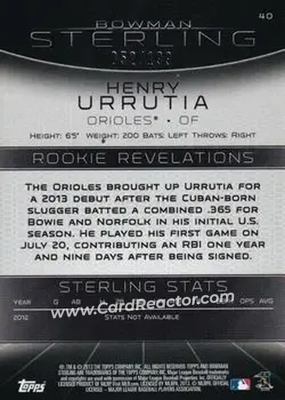 2013 Bowman Sterling - Refractors #40 - Henry Urrutia - Baltimore Orioles - Back