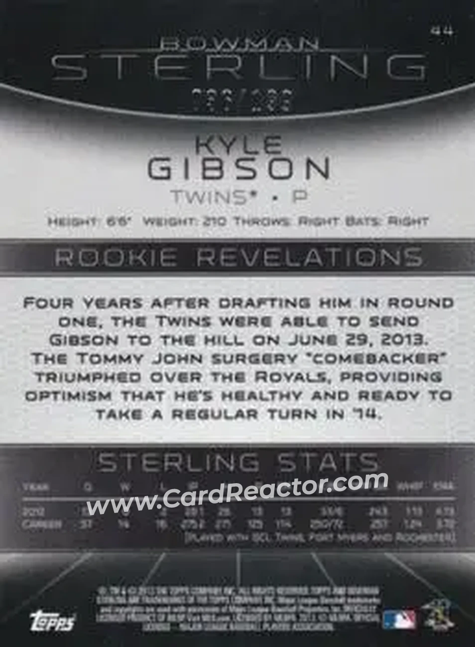 2013 Bowman Sterling - Refractors #44 - Kyle Gibson - Minnesota Twins - Back
