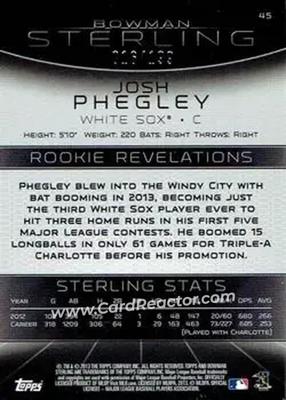 2013 Bowman Sterling - Refractors #45 - Josh Phegley - Chicago White Sox - Back