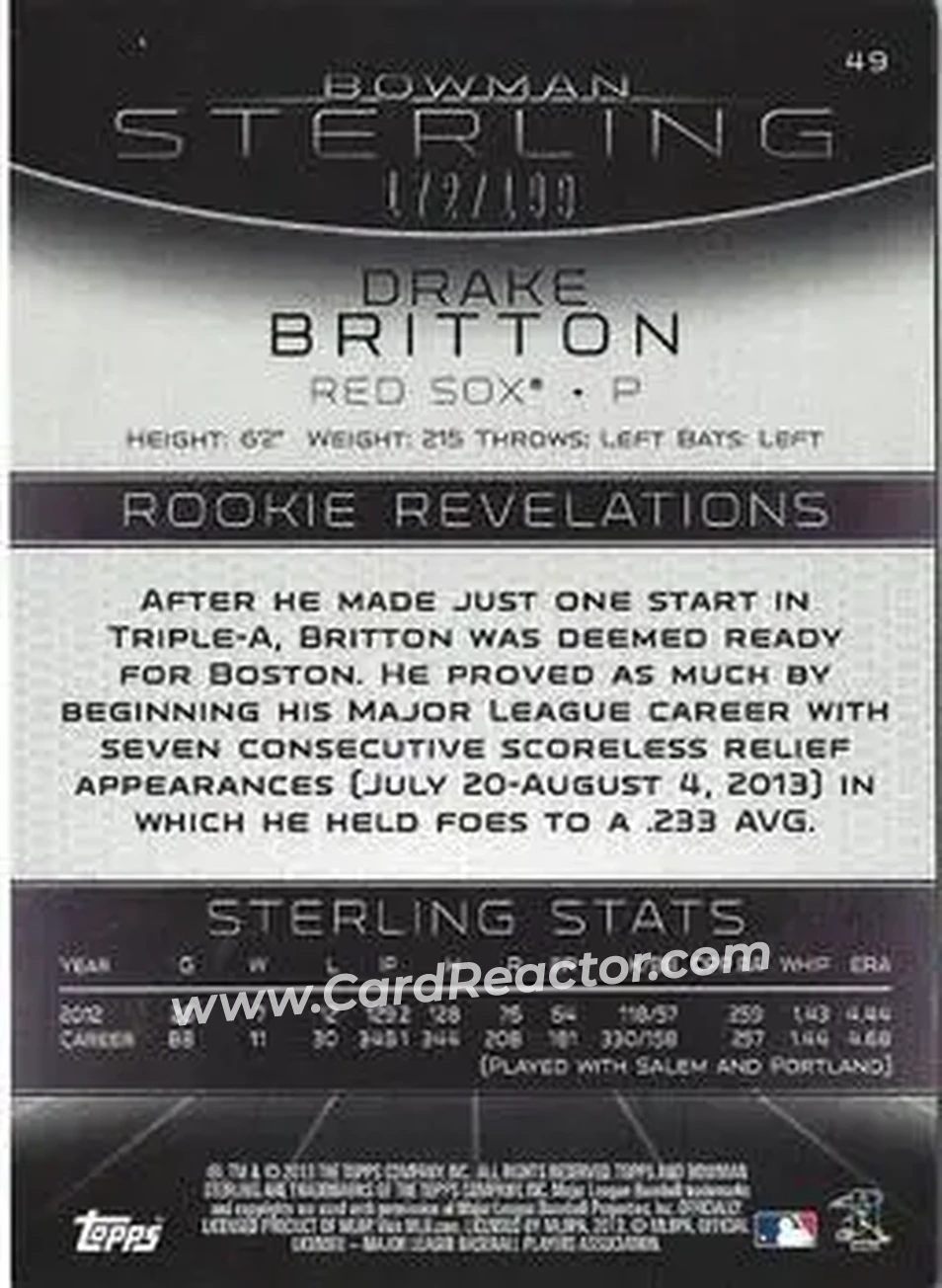 2013 Bowman Sterling - Refractors #49 - Drake Britton - Boston Red Sox - Back 2013 Bowman Sterling - Refractors #49 - Drake Britton - Boston Red Sox - Back
