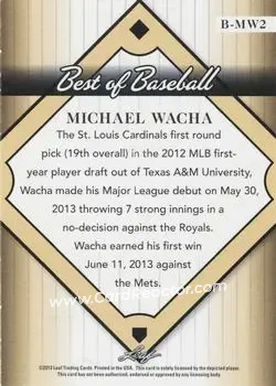 2013 Leaf Best of Baseball #B-MW2 - Michael Wacha - St. Louis Cardinals - Back