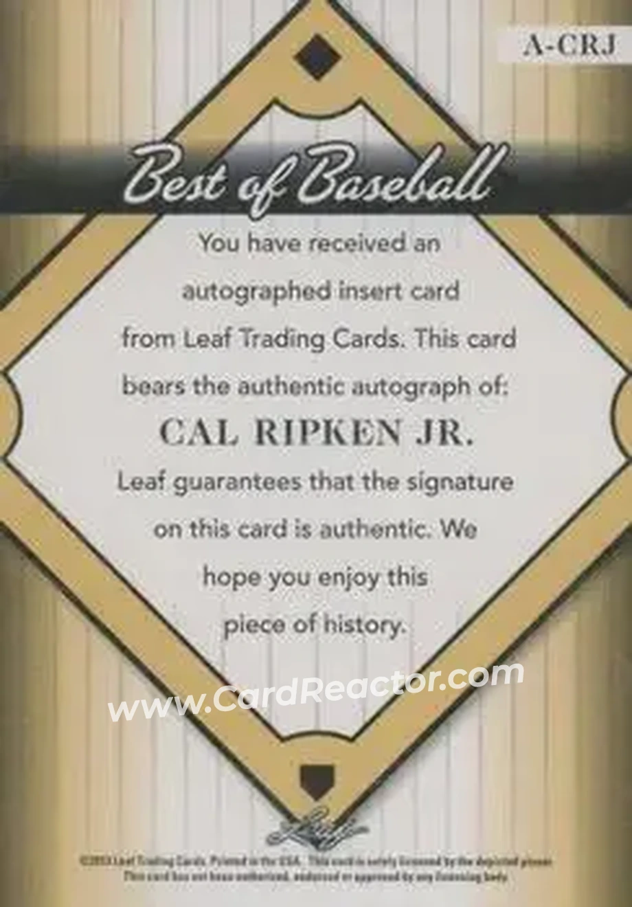 2013 Leaf Best of Baseball - Autographs #A-CRJ - Cal Ripken - Baltimore Orioles - Back