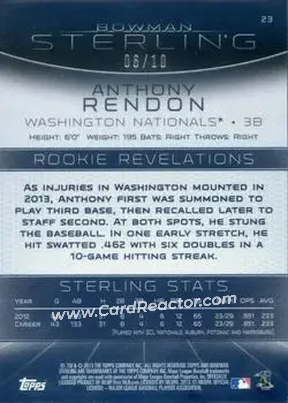 2013 Bowman Sterling - Purple Refractors #23 - Anthony Rendon - Washington Nationals - Back