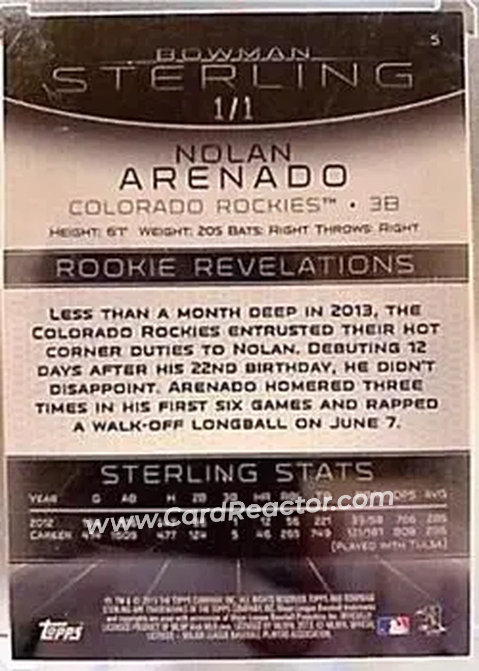 2013 Bowman Sterling - Red Refractors #5 - Nolan Arenado - Colorado Rockies - Back