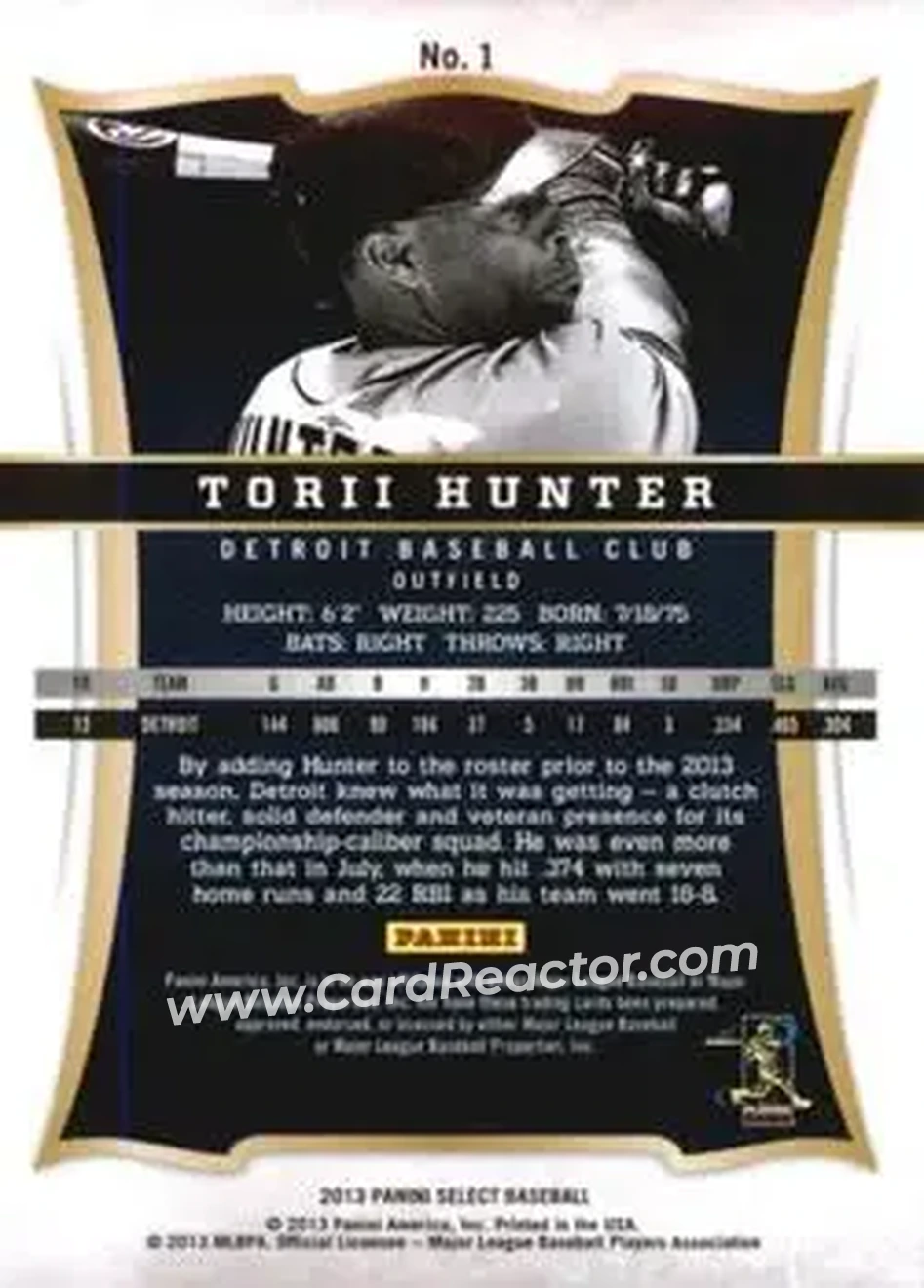 2013 Panini Select #1 - Torii Hunter - Detroit Tigers - Back 2013 Panini Select #1 - Torii Hunter - Detroit Tigers - Back