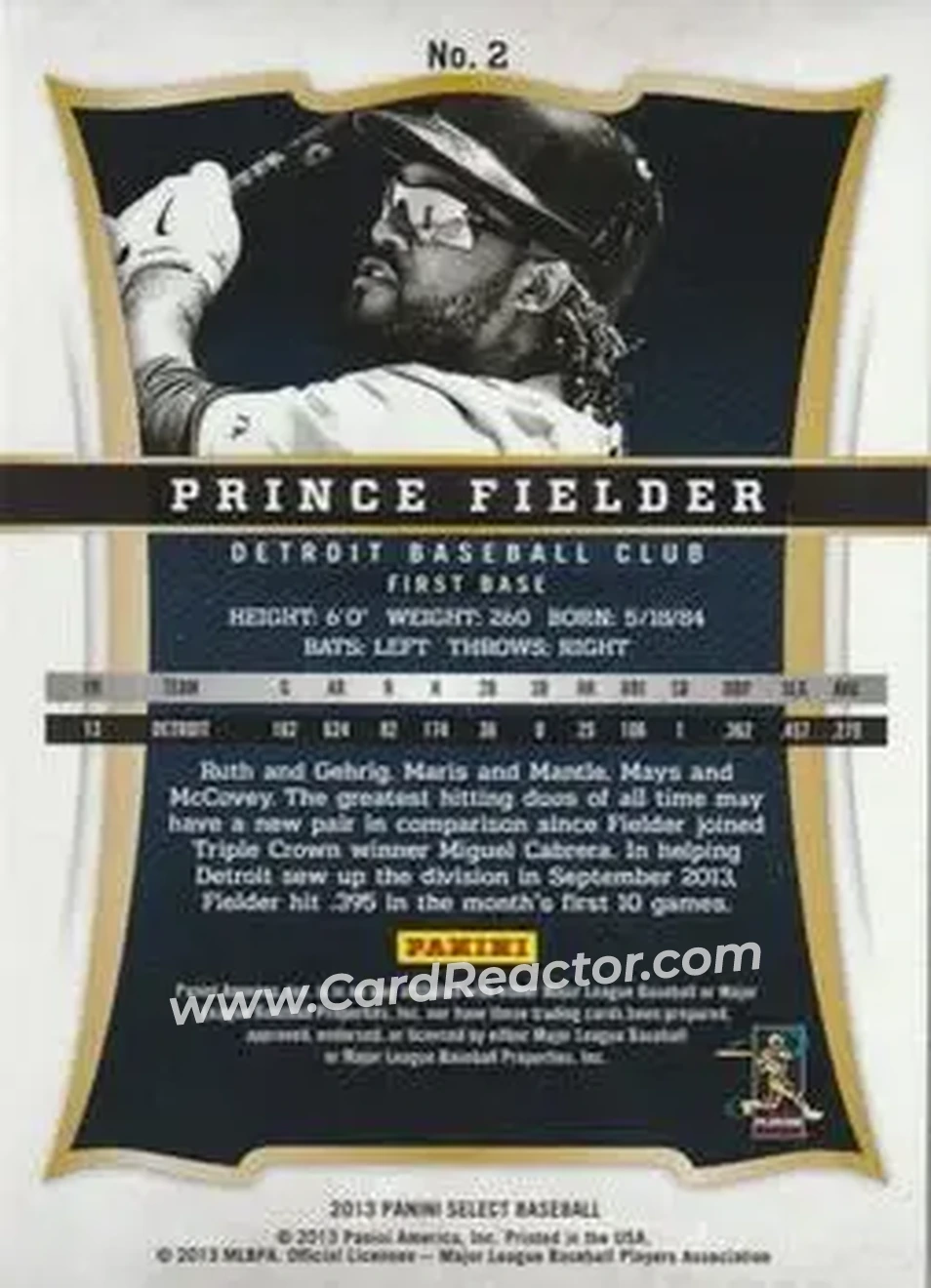 2013 Panini Select #2 - Prince Fielder - Detroit Tigers - Back 2013 Panini Select #2 - Prince Fielder - Detroit Tigers - Back