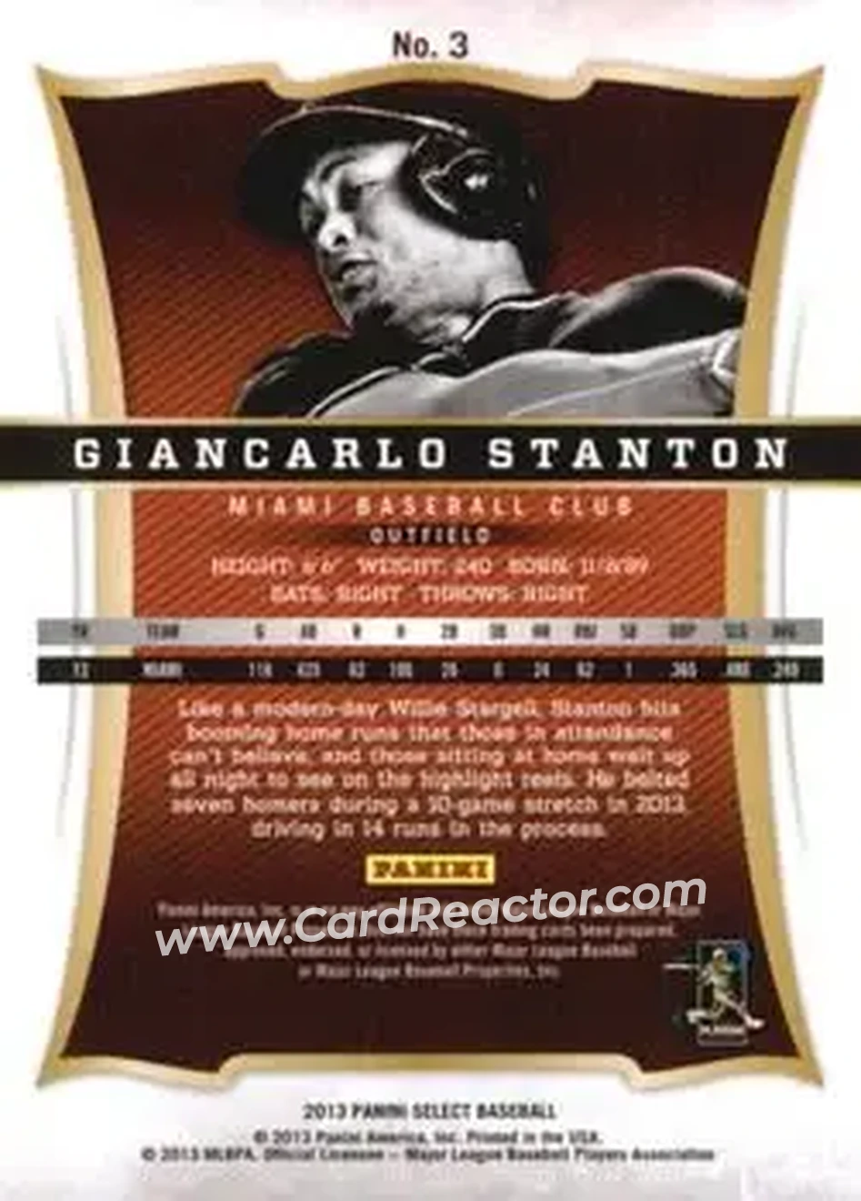 2013 Panini Select #3 - Giancarlo Stanton - Miami Marlins - Back