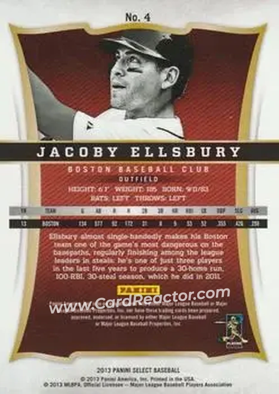 2013 Panini Select #4 - Jacoby Ellsbury - Boston Red Sox - Back 2013 Panini Select #4 - Jacoby Ellsbury - Boston Red Sox - Back