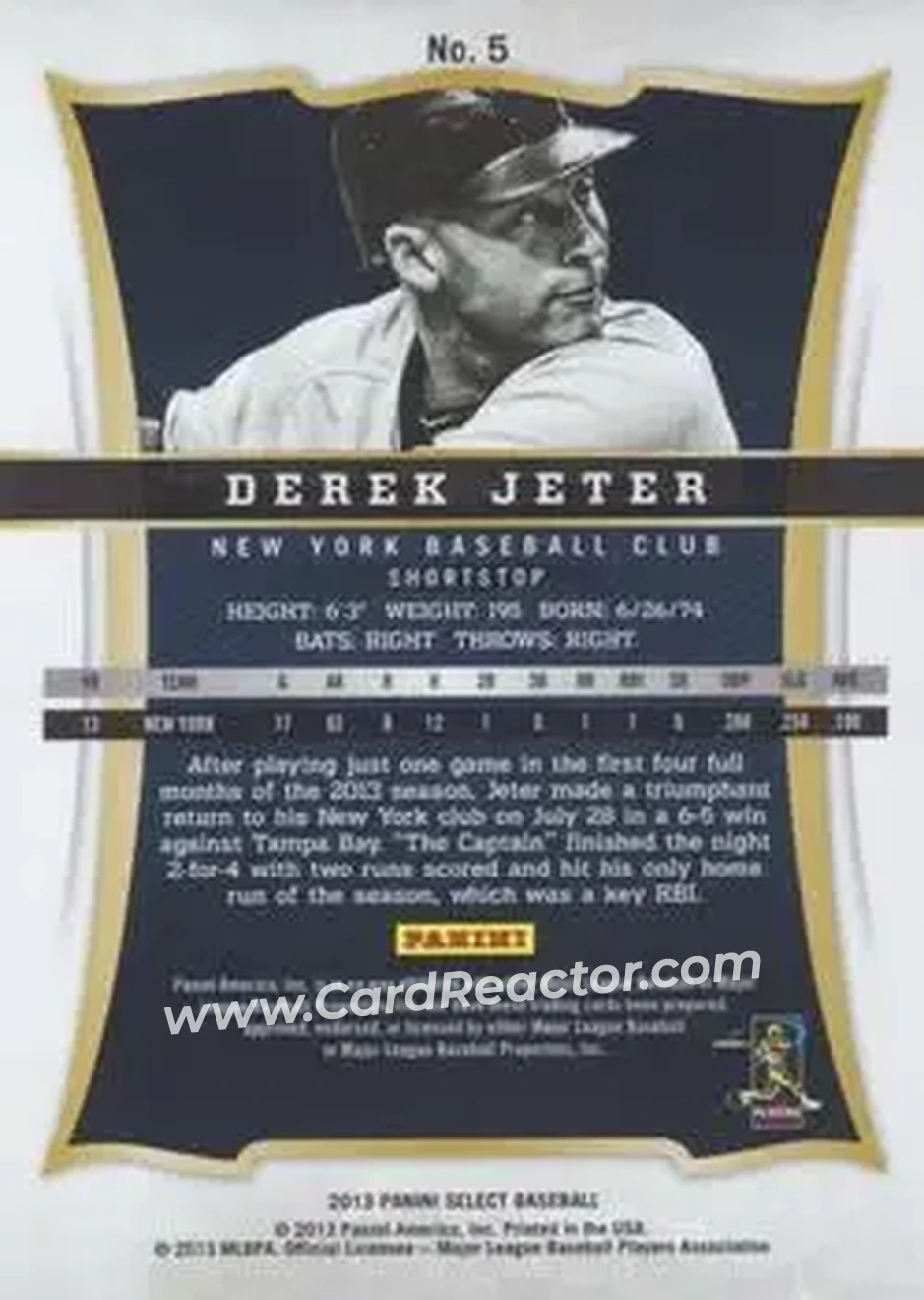 2013 Panini Select #5 - Derek Jeter - New York Yankees - Back 2013 Panini Select #5 - Derek Jeter - New York Yankees - Back