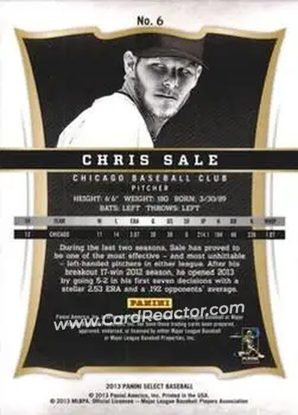 2013 Panini Select #6 - Chris Sale - Chicago White Sox - Back 2013 Panini Select #6 - Chris Sale - Chicago White Sox - Back