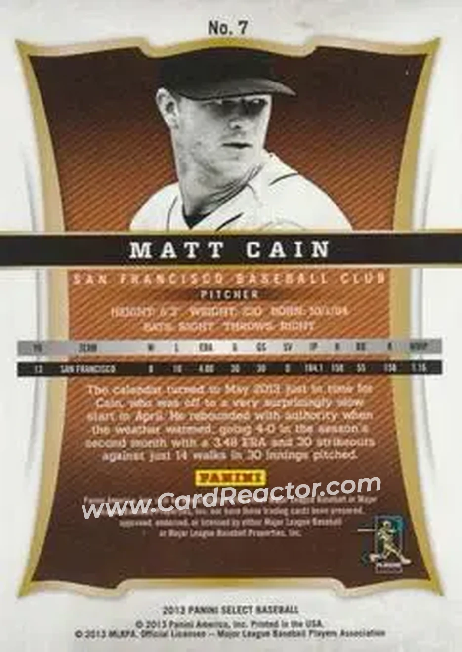 2013 Panini Select #7 - Matt Cain - San Francisco Giants - Back 2013 Panini Select #7 - Matt Cain - San Francisco Giants - Back