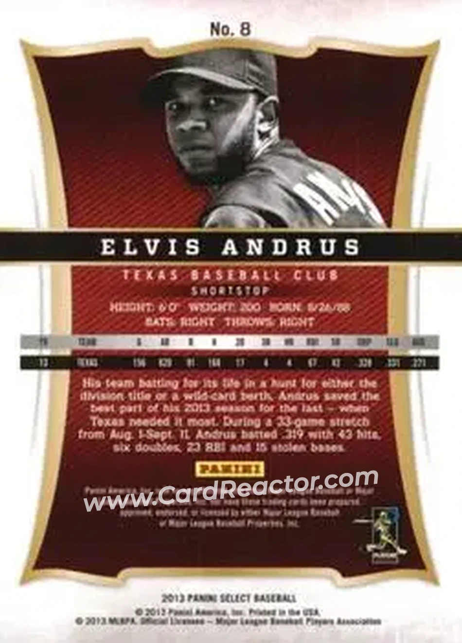 2013 Panini Select #8 - Elvis Andrus - Texas Rangers - Back