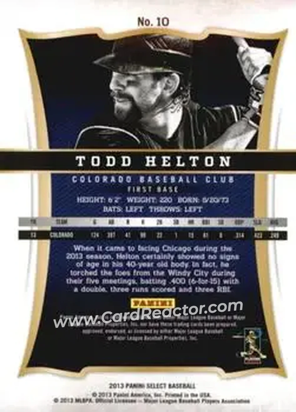 2013 Panini Select #10 - Todd Helton - Colorado Rockies - Back